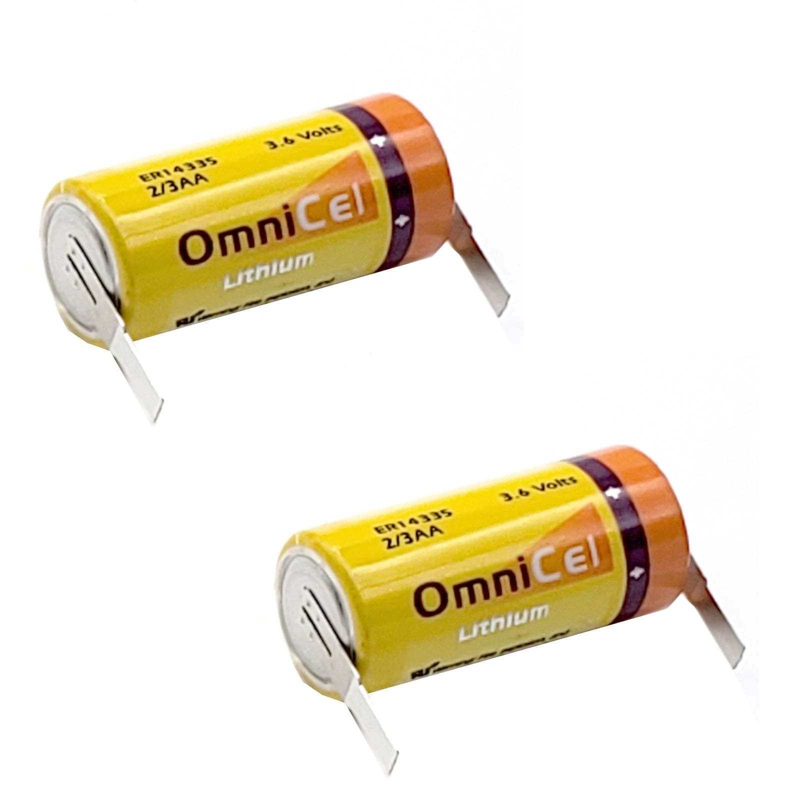 2x OmniCel ER14335 3.6V 1.65Ah 2/3AA Lithium Battery w/ Tabs Sensors Detectors