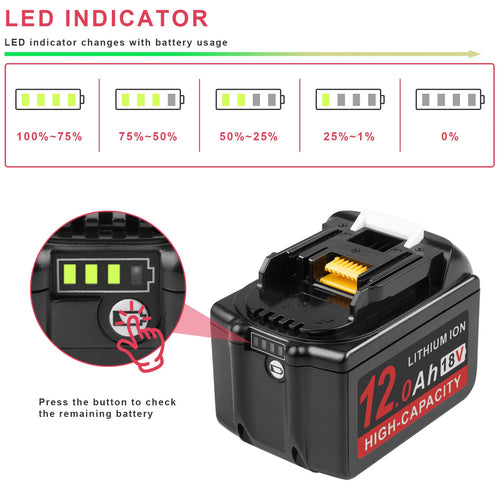 1-2X 12Ah For Makita 18V Battery BL1830 BL1850 BL1860 BL1890 W/LED Charger