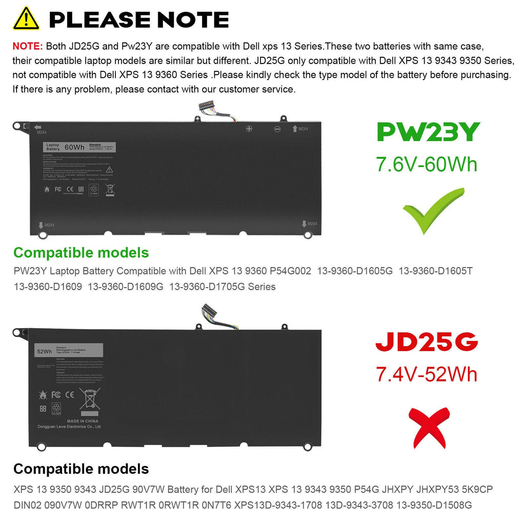 For Dell PW23Y Battery XPS 13 9343-9350 XPS 13 9360 Series RNP72 0TP1GT TP1GT