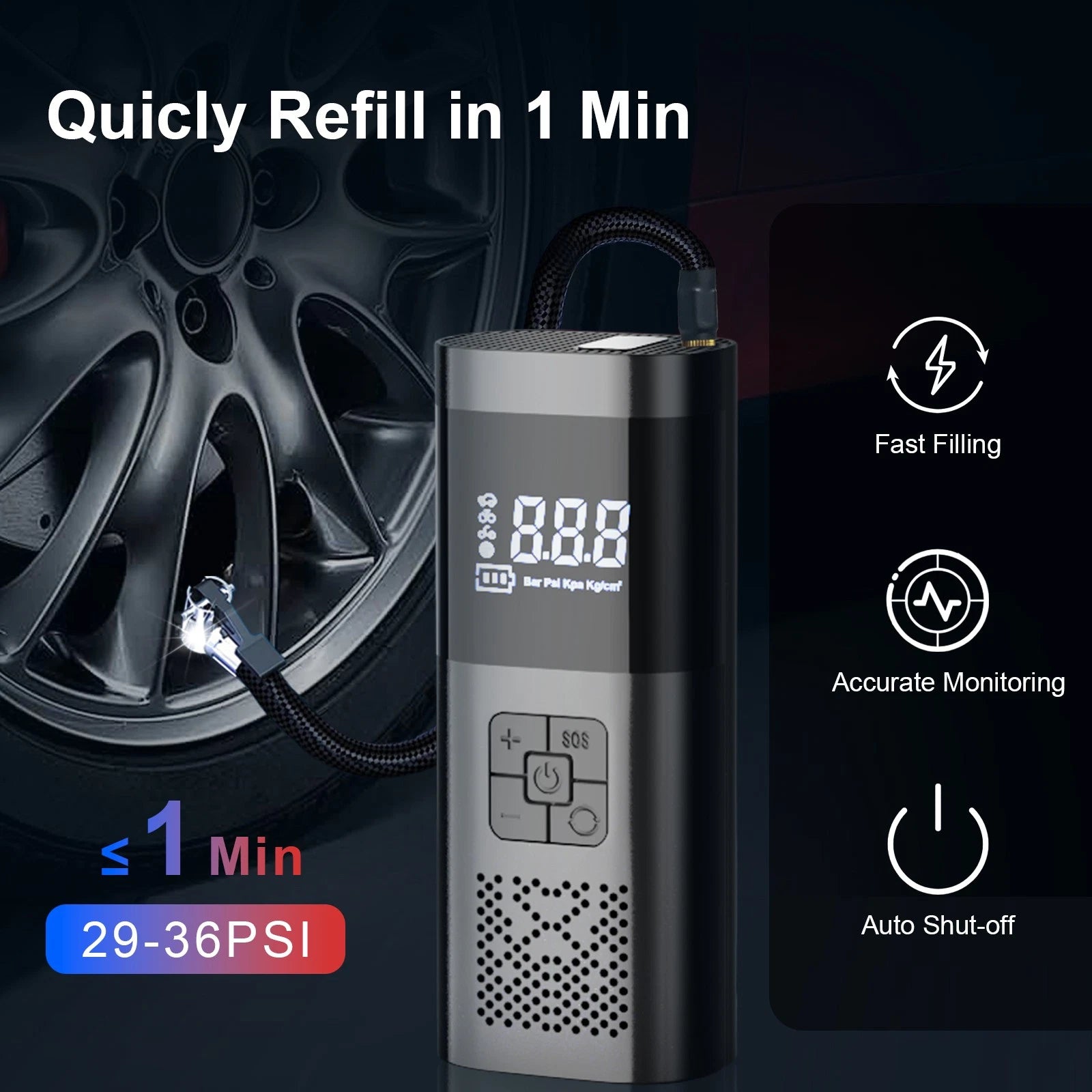 150PSI Tire Inflator Portable Air Compressor Intelligent Cordless Car Air Pump
