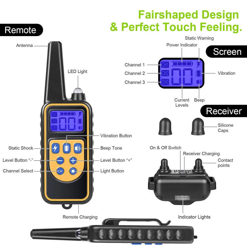 Dog Pet Training Collar Rechargeable Waterproof Electric Shock Anti Bark R800m