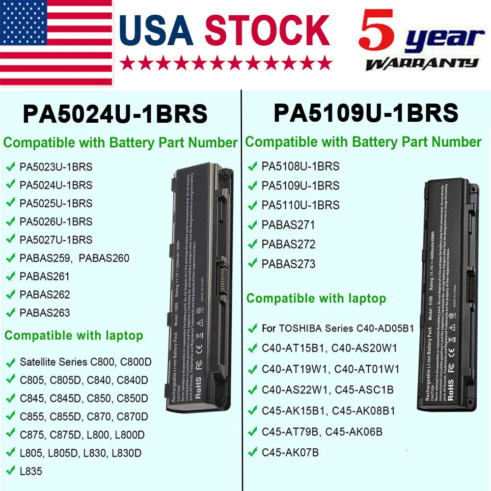 PA5109U-1BRS PA5024U-1BRS Battery For Toshiba Satellite C850 PABAS260 PABAS272