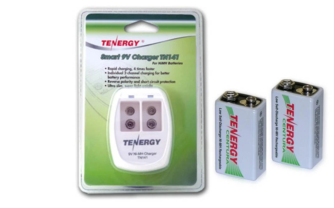 Tenergy 9V Smart Charger for Batteries with 2 Batteries