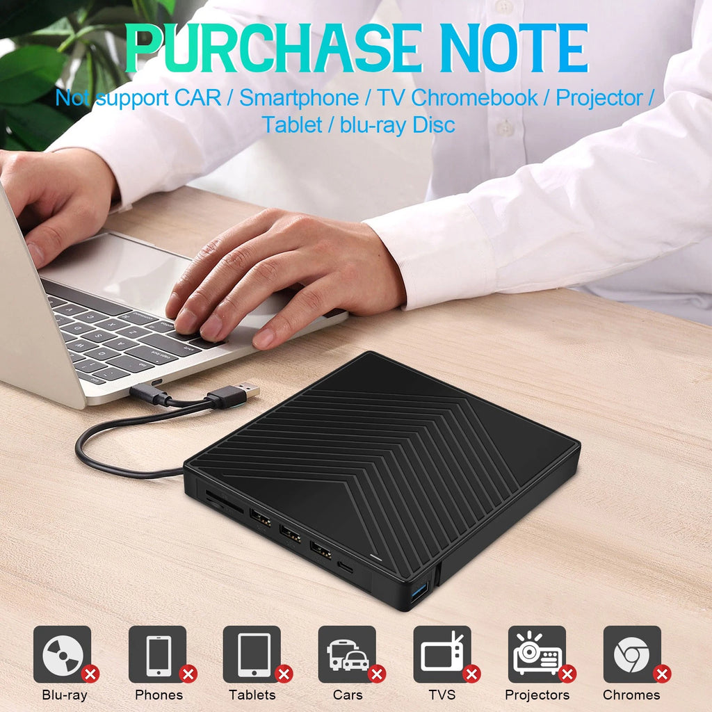 7 in 1 Portable External DVD Drive Player USB 3.0 Type-C CD DVD RW Reader Burner
