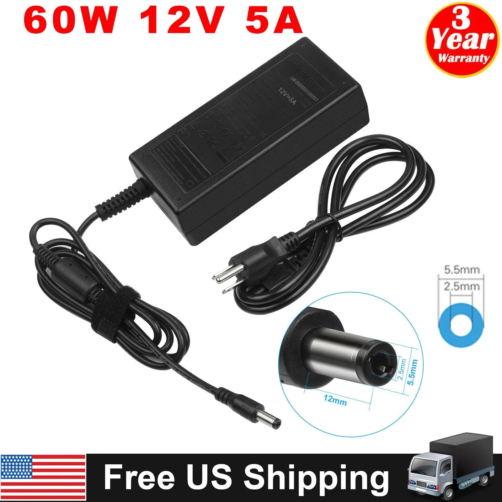 12V 5A 60W AC DC Adapter Power Supply Cord Charger 5.5mm*2.5mm US Plug Universal