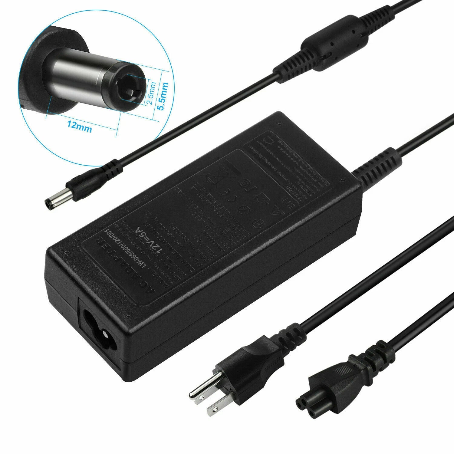 12V DC 5A 5amp 60W POWER ADAPTER CHARGER Transformer for LED Strip, CCTV US cord