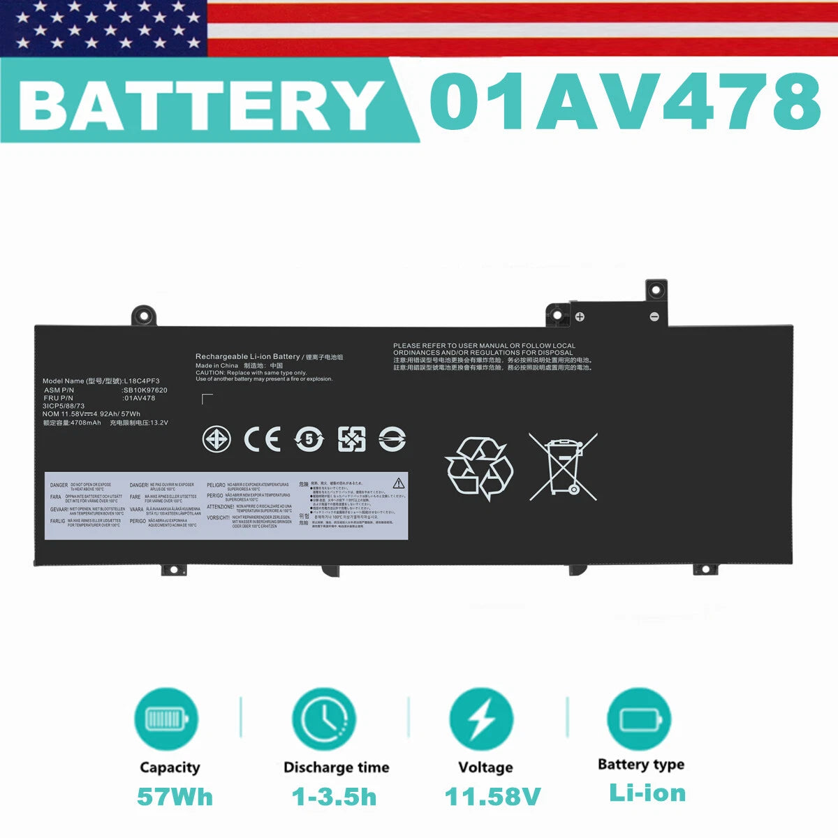 Battery For Lenovo ThinkPad T480s L17L3P71 01AV478 01AV479 L17M3P71 01AV480 57Wh