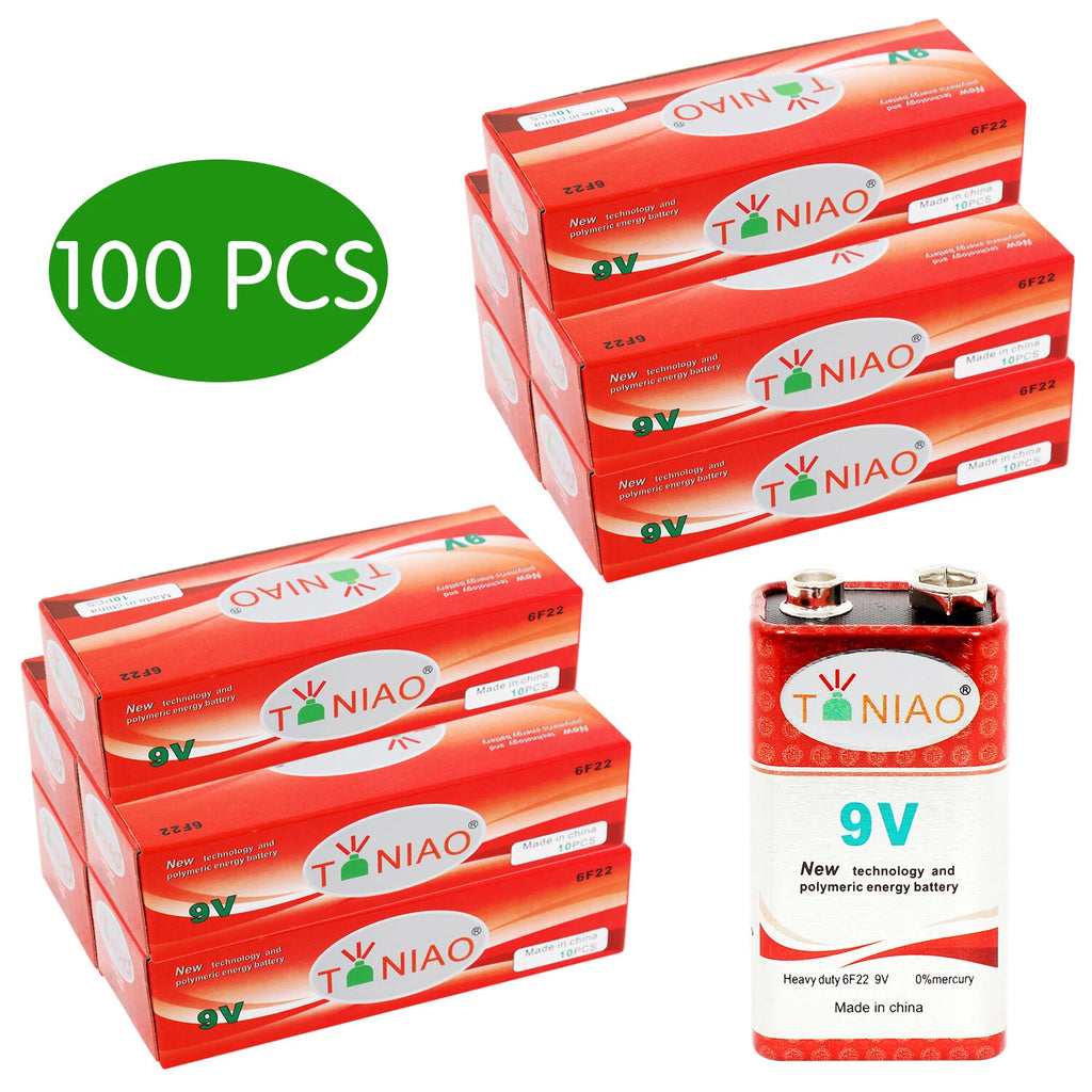 100 PCS 9V 6F22 9 Volts Heavy Duty Zinc Carbon 0% Mercury Battery Free Shipping