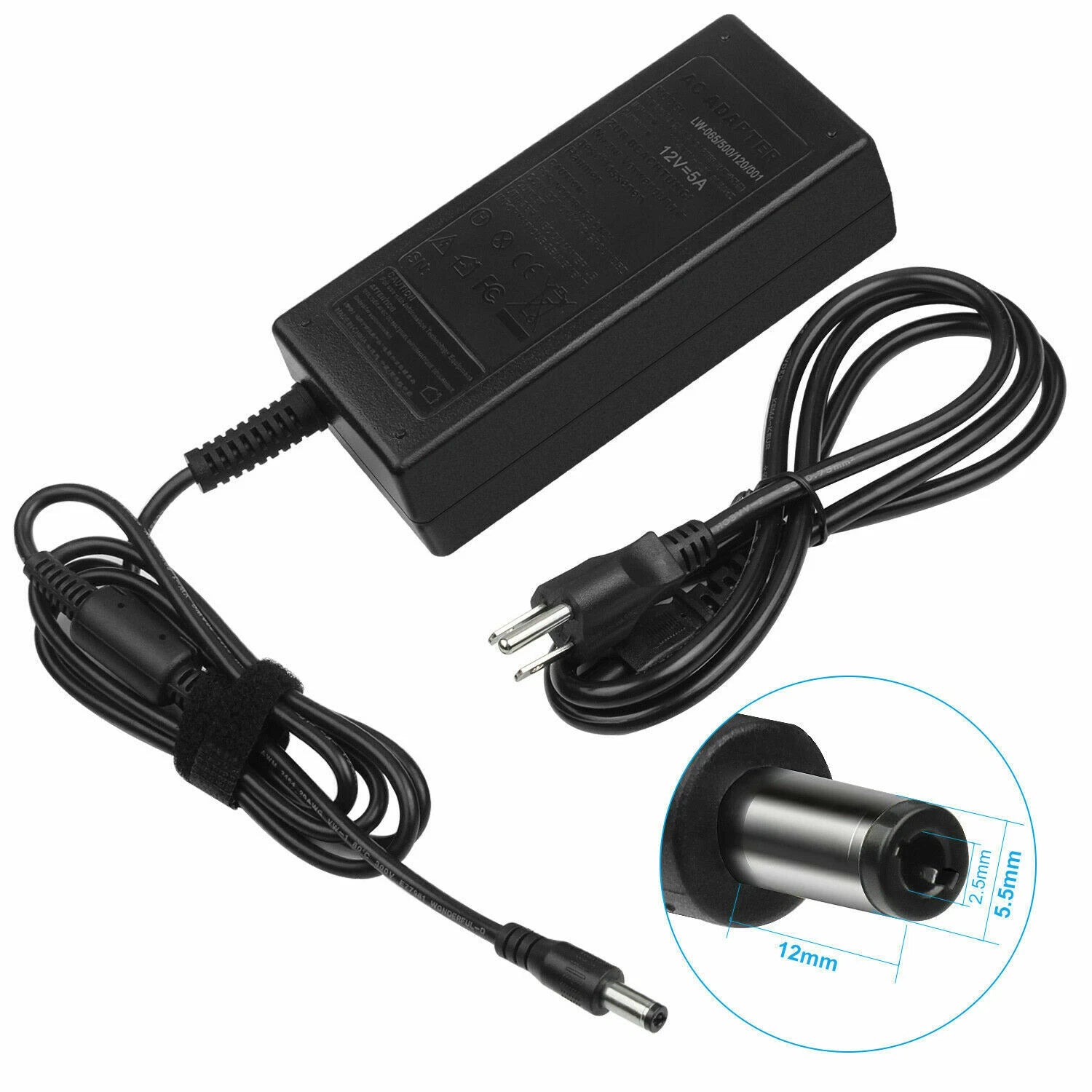 12V DC 5A 5amp 60W POWER ADAPTER CHARGER Transformer for LED Strip, CCTV US cord