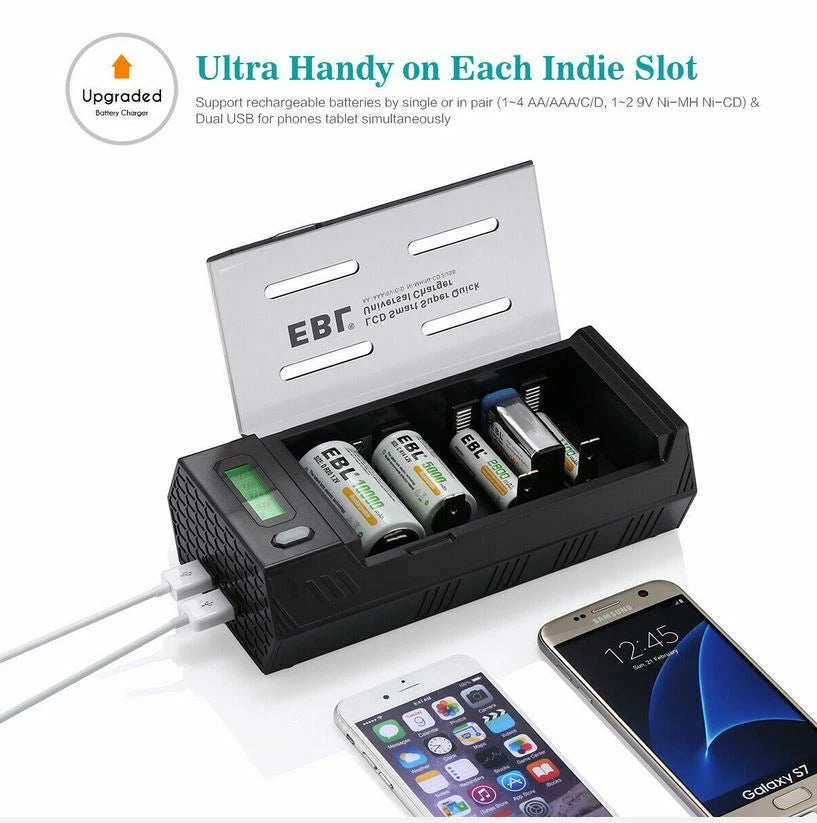 EBL Universal Battery Charger w/ 4 D size cell 10000mAh w/cases 1.2v NI-MH