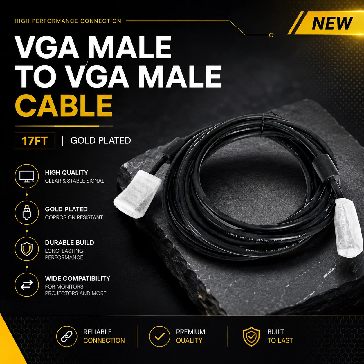 NEW 17FT VGA SVGA 15-Pin Male Monitor Cable PC Laptop Ferrite Cores Gold CL2