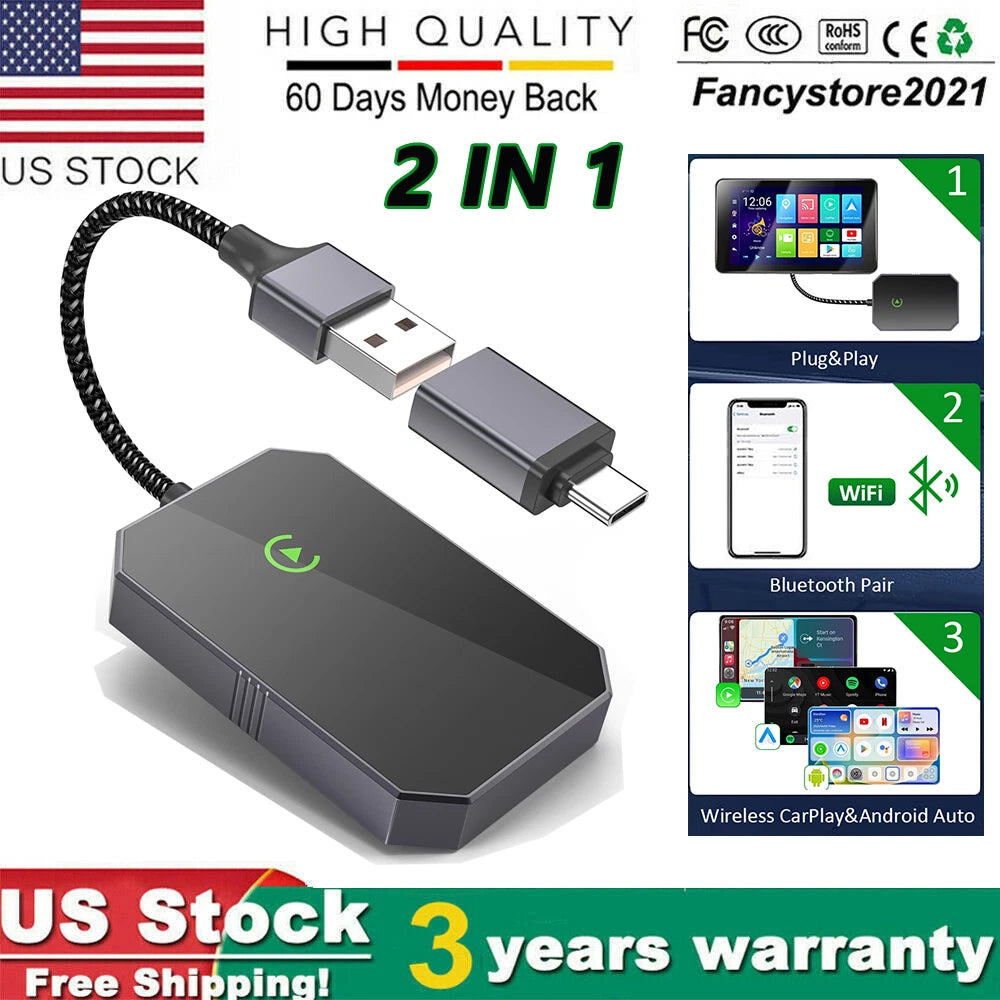 2 in1 Wireless Apple CarPlay adapter/Wireless Android Auto Adapter USB Plug&Play