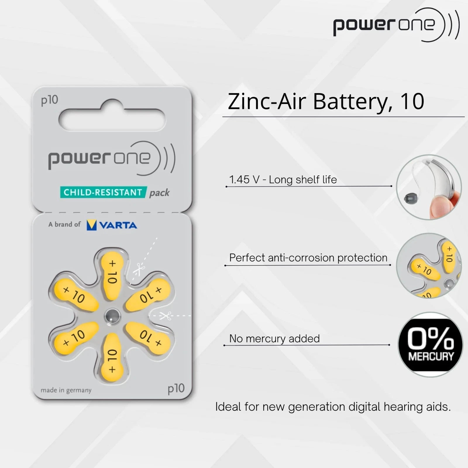 Power One Hearing Aid Batteries Yellow Size 10 Pack of 6 (60 Batteries) Exp 2029