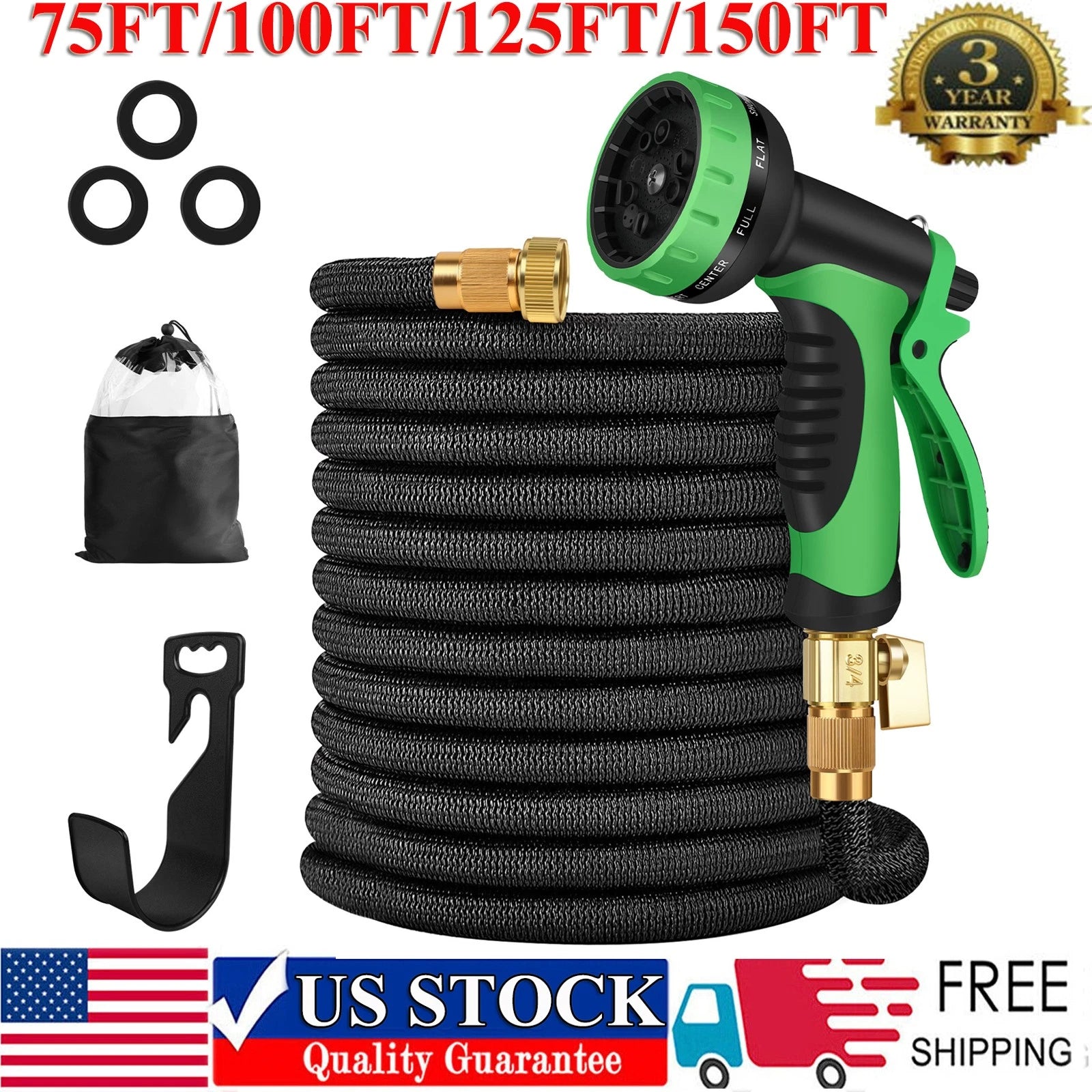 Expandable Flexible Garden Water Hose with 10/8 Function Spray Nozzle 25FT-150FT