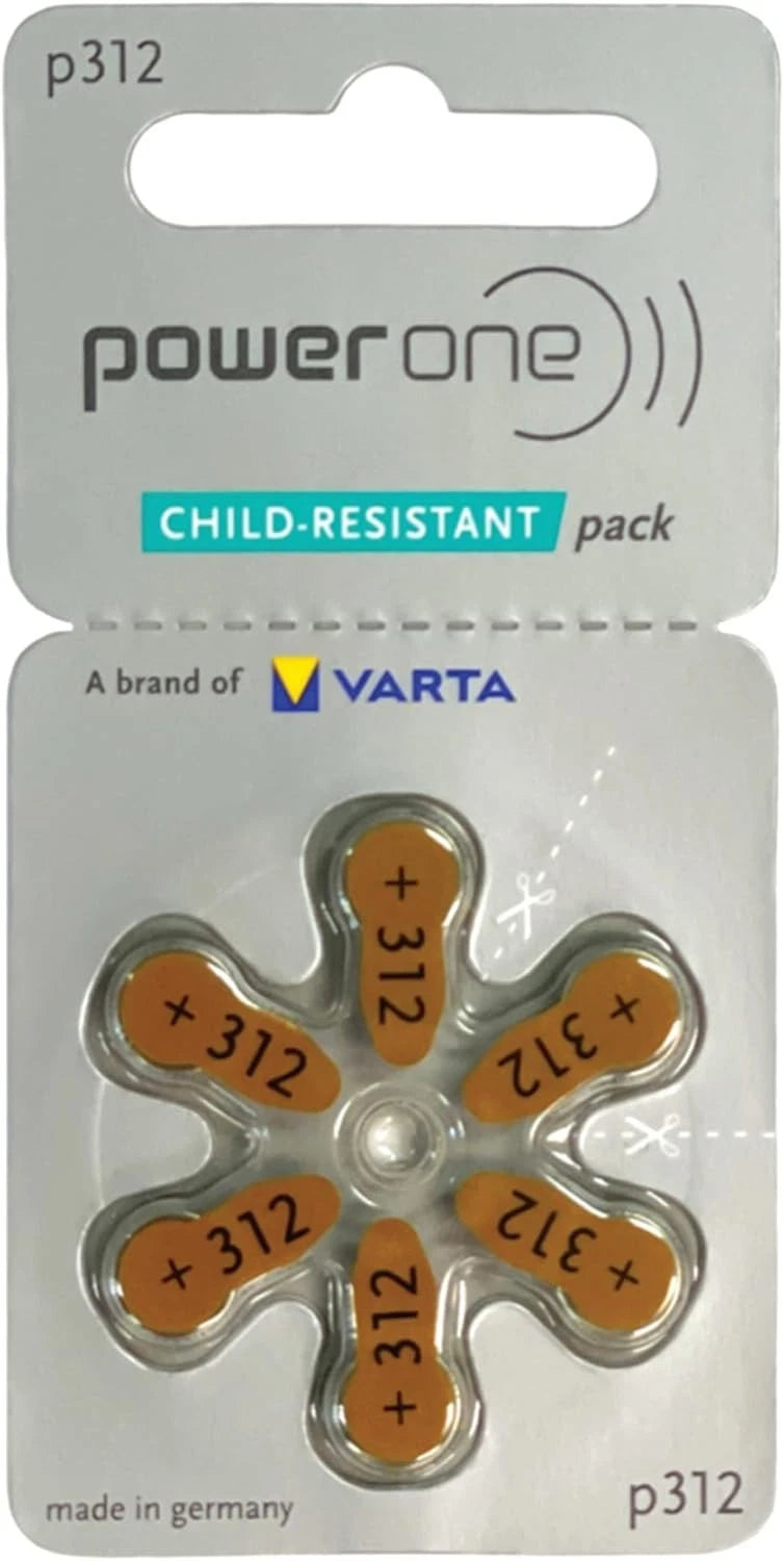 Pack of 6 PowerOne P312 Hearing Aid Batteries Expire 05-2029