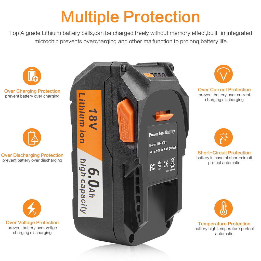 2-4PACK for Ridgid R840085 6.0Ah Lithium Battery Rigid 18Volt R840087 Power Tool