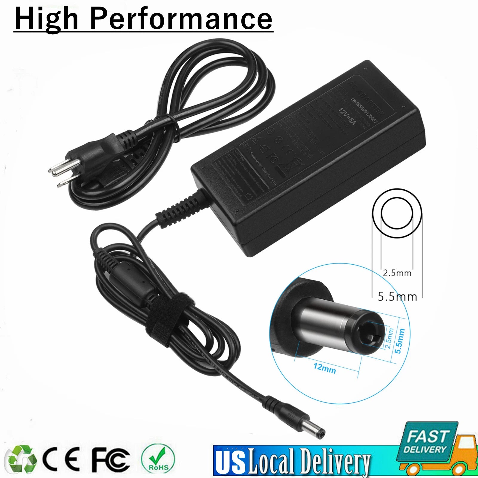 12V 5A 5.5mmx2.5mm AC-DC Power Supply Cord Adapter Charger PSU Mains LED Strip