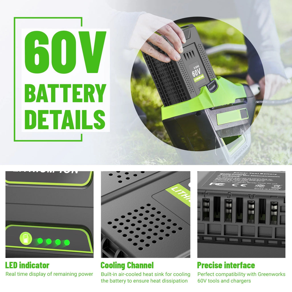 60V 5.0Ah Battery For Greenworks Pro 60V Max Lithium Ion LB60A00 LB60A02 LB60A0