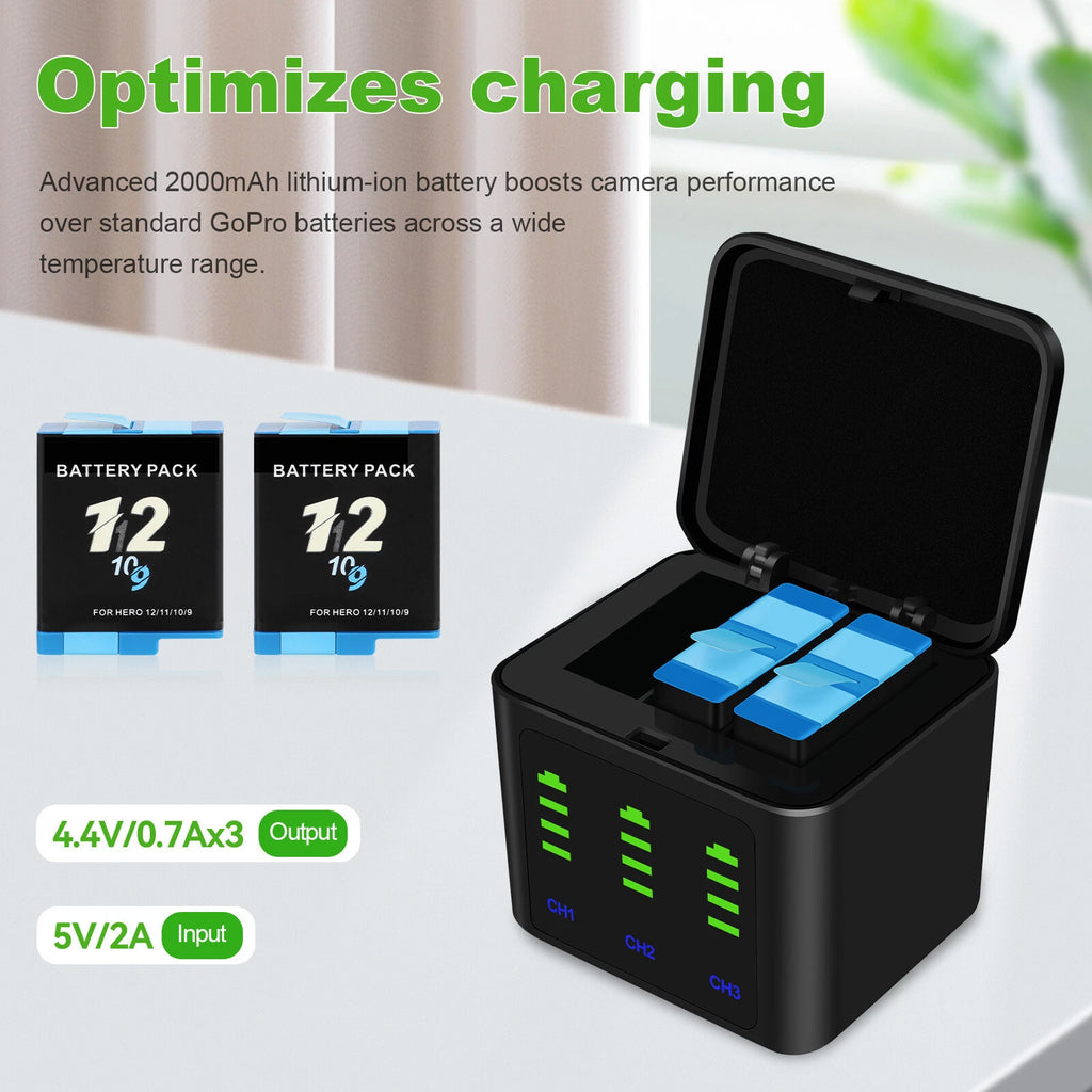 2 Pack Hero 11 Battery & 3-Channel Charger Station for Gopro Hero 11/10/9 Black