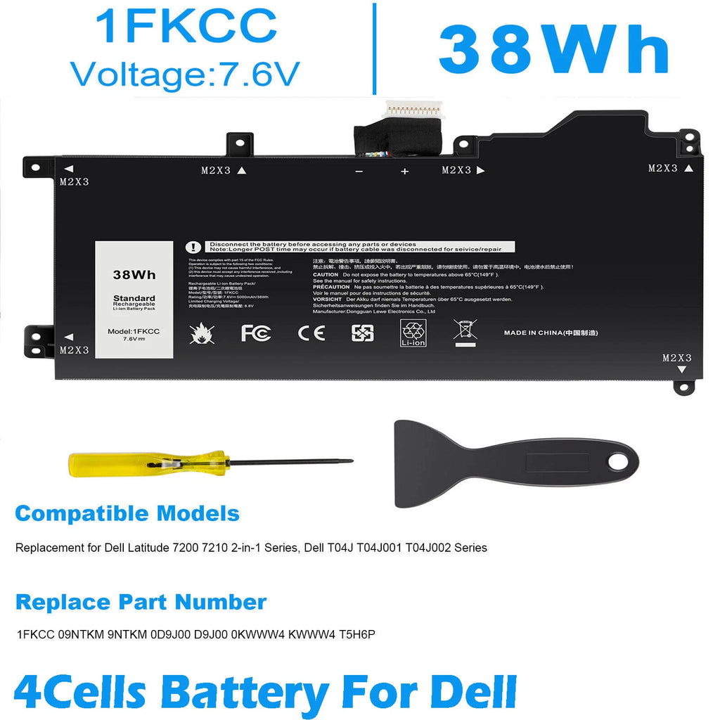 ?Replace 1FKCC Battery For Dell Latitude 7200 7210 2-in-1 KWWW4 9NTKM D9J00 38Wh
