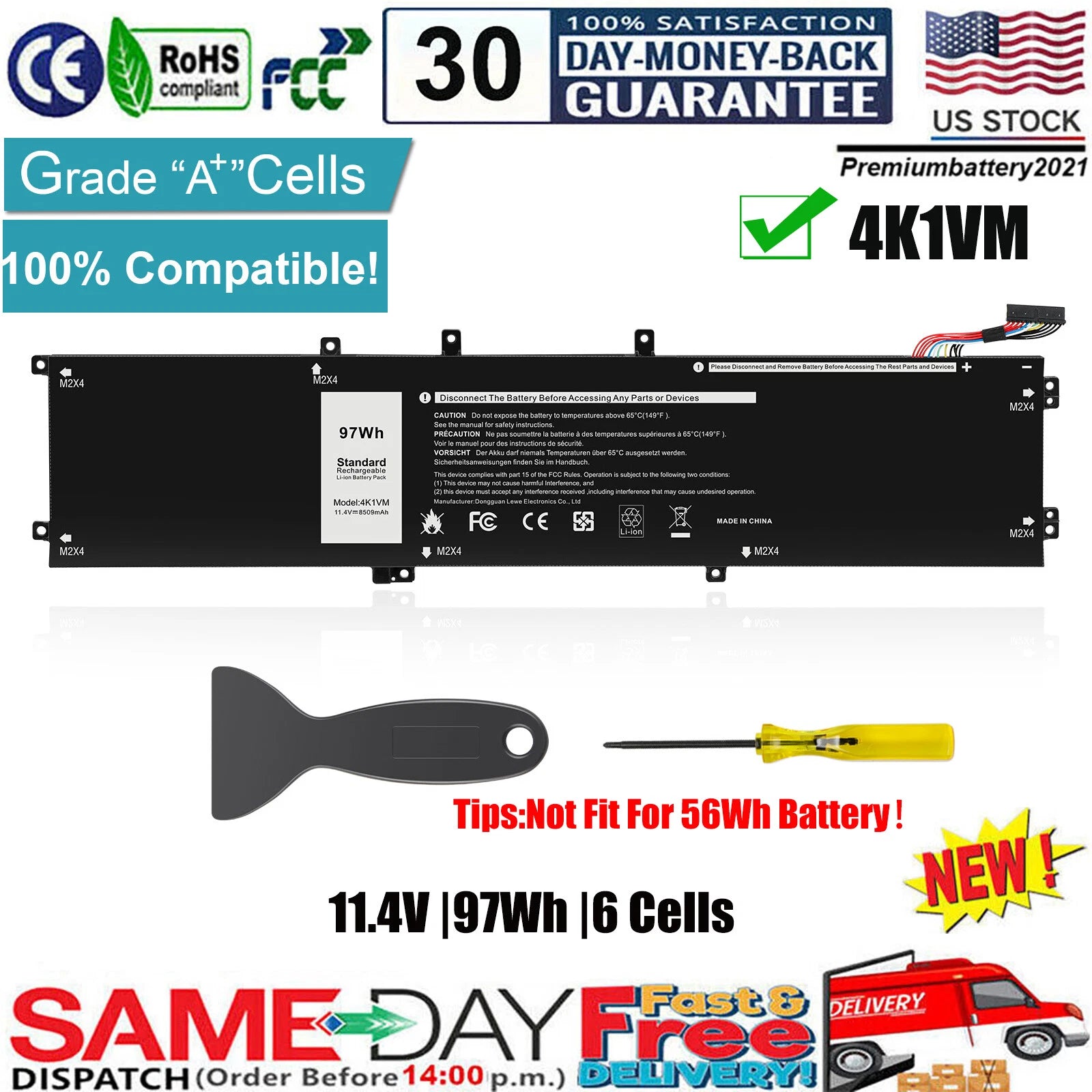 97Wh 4K1VM Battery For Dell G7 17 7700 Series XPS 15 9560 9570 7590 0NCC3D W62W6