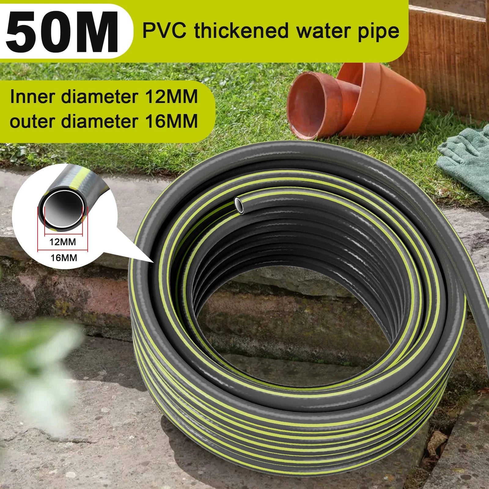 10M-50M PVC Garden Hose Pipe Reel Reinforced Anti-kink Outdoor Hosepipe Green
