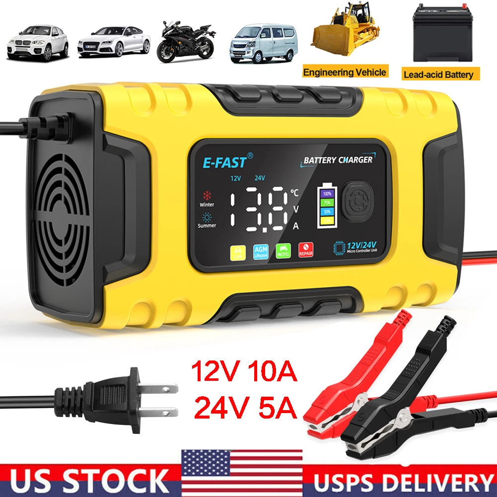 12V 24V Car Smart Battery Charger 7-Stage Automstic Lead-acid Lifepo4 AGM/GEL US