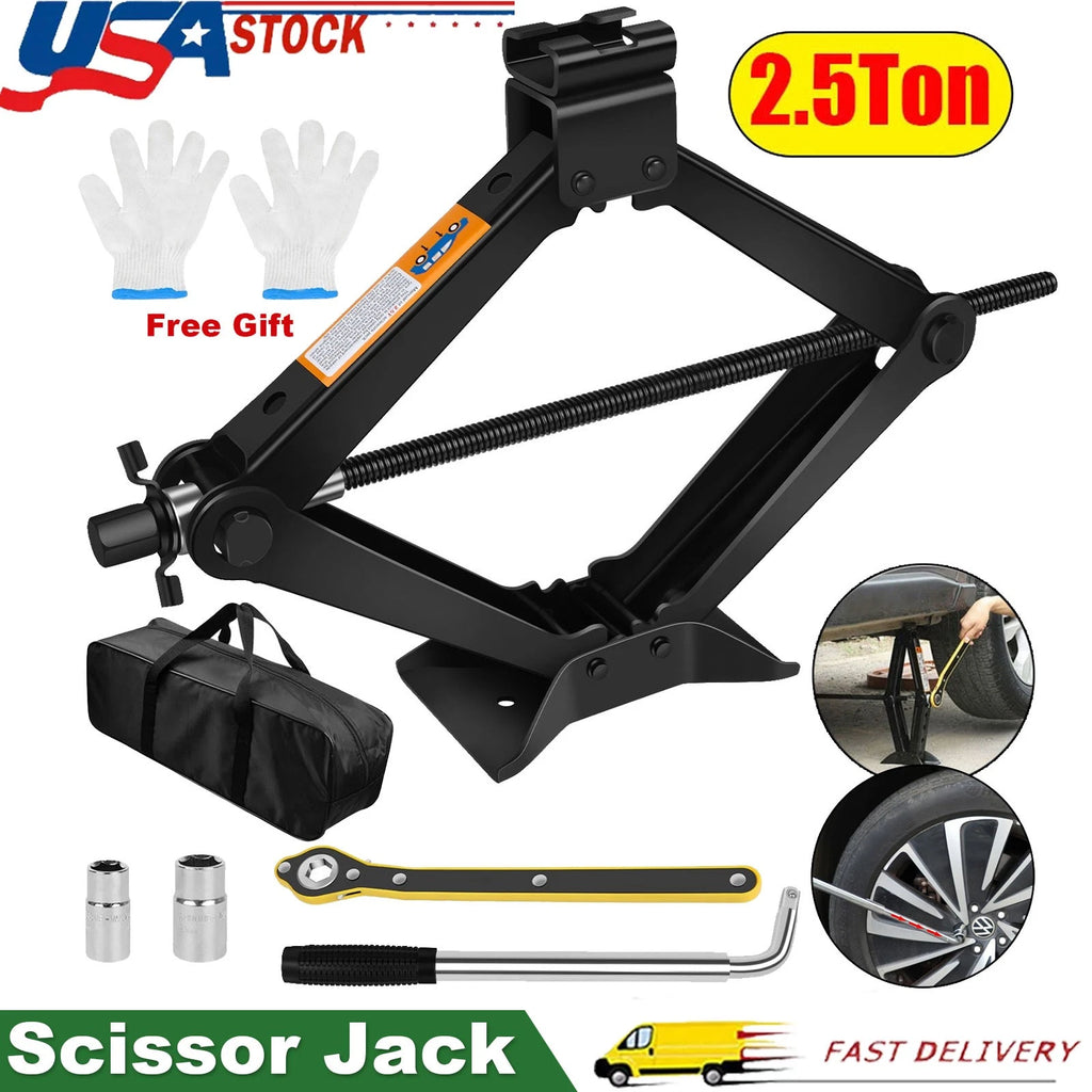 2.5 Ton Scissor Jack Handle Crank Wheel Lug Wrench Tool Kit Car Garage Tire