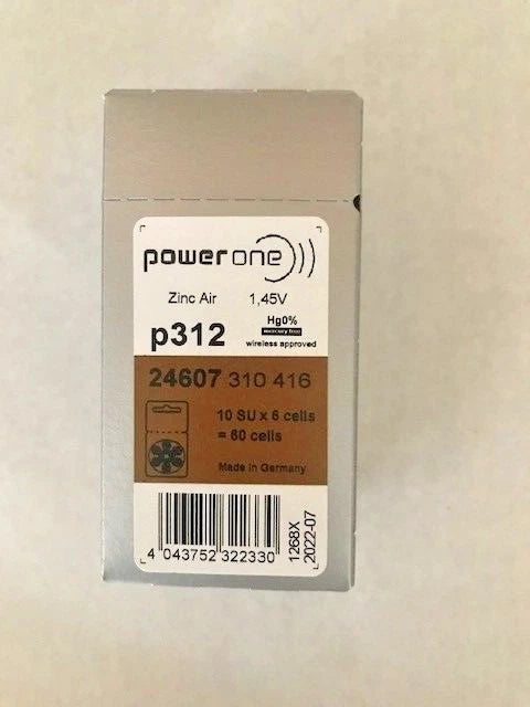 60 Powerone Hearing Aid size 312 Genuine Mercury Free Batteries- Ex-2029-Germany