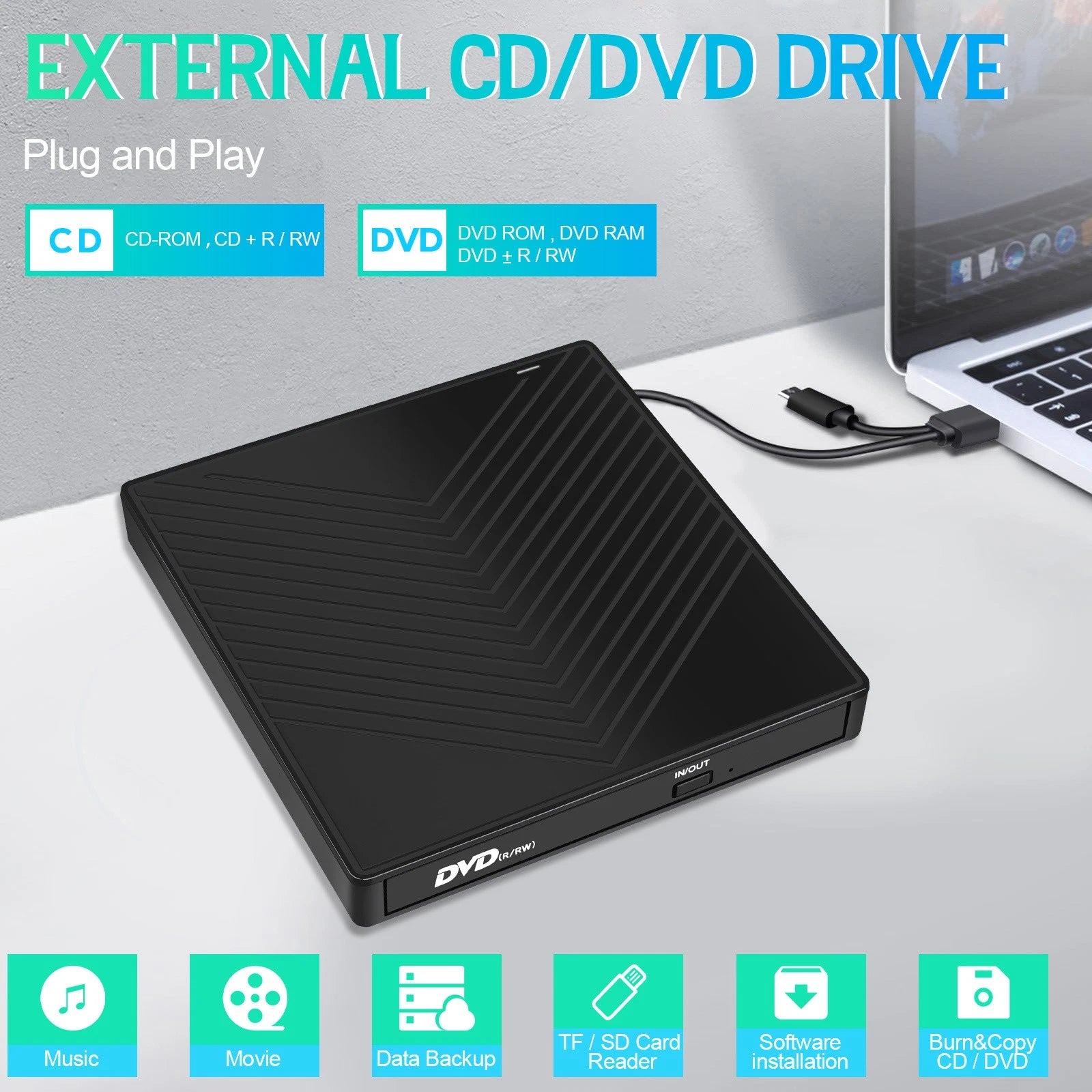 7 in 1 Portable External DVD Drive Player USB 3.0 Type-C CD DVD RW Reader Burner