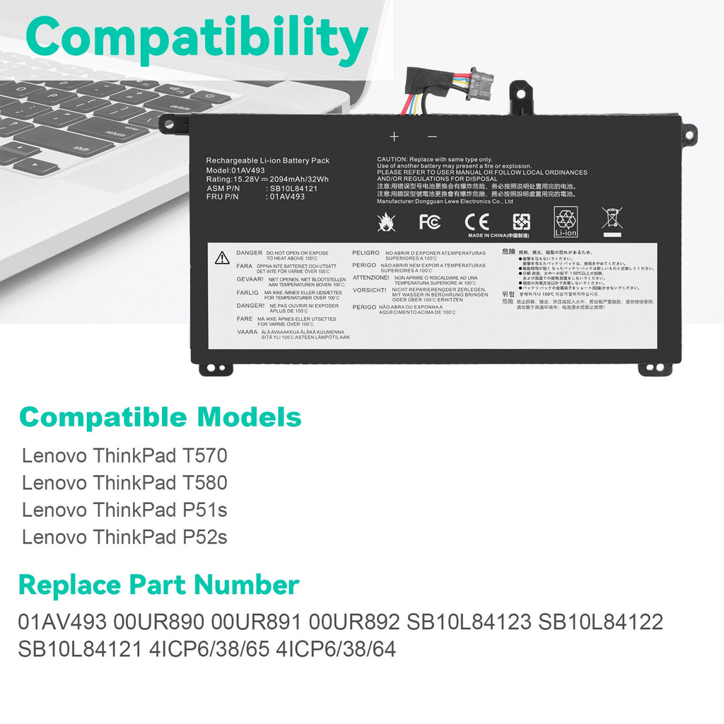 00UR891 00UR892 01AV493 Battery For Lenovo ThinkPad T570 T580 P51S P52S 00UR890