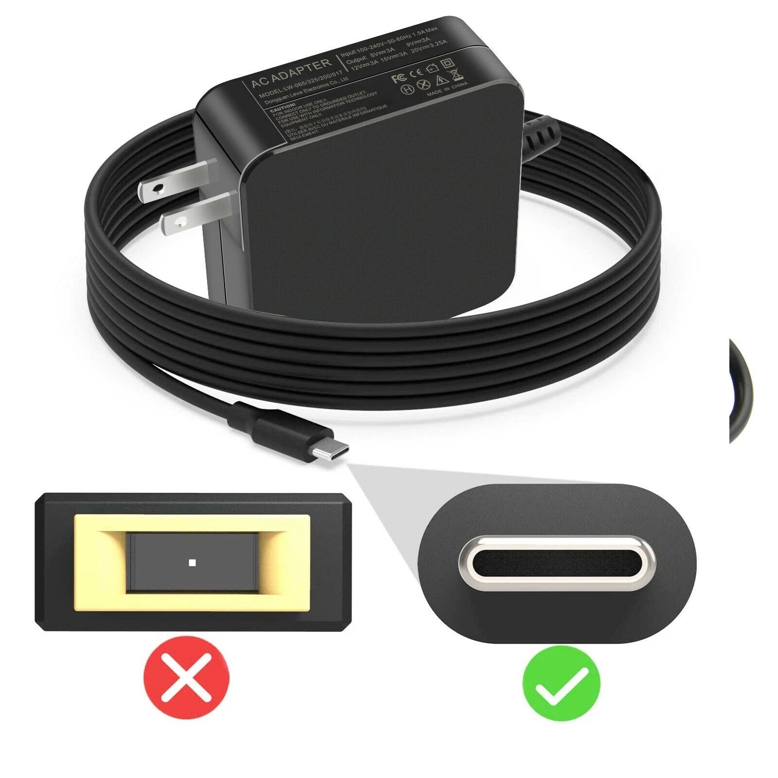 65W Laptop Charger Adapter Type C USB-C Adapter for Lenovo Asus MacBook HP Dell