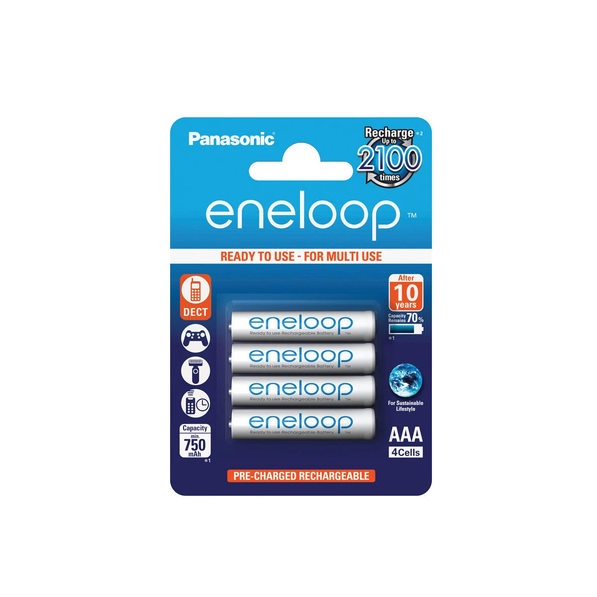 Panasonic Eneloop AAA 4 BK-4MMCE/4BE Rechargeable Batteries min 750 mAH