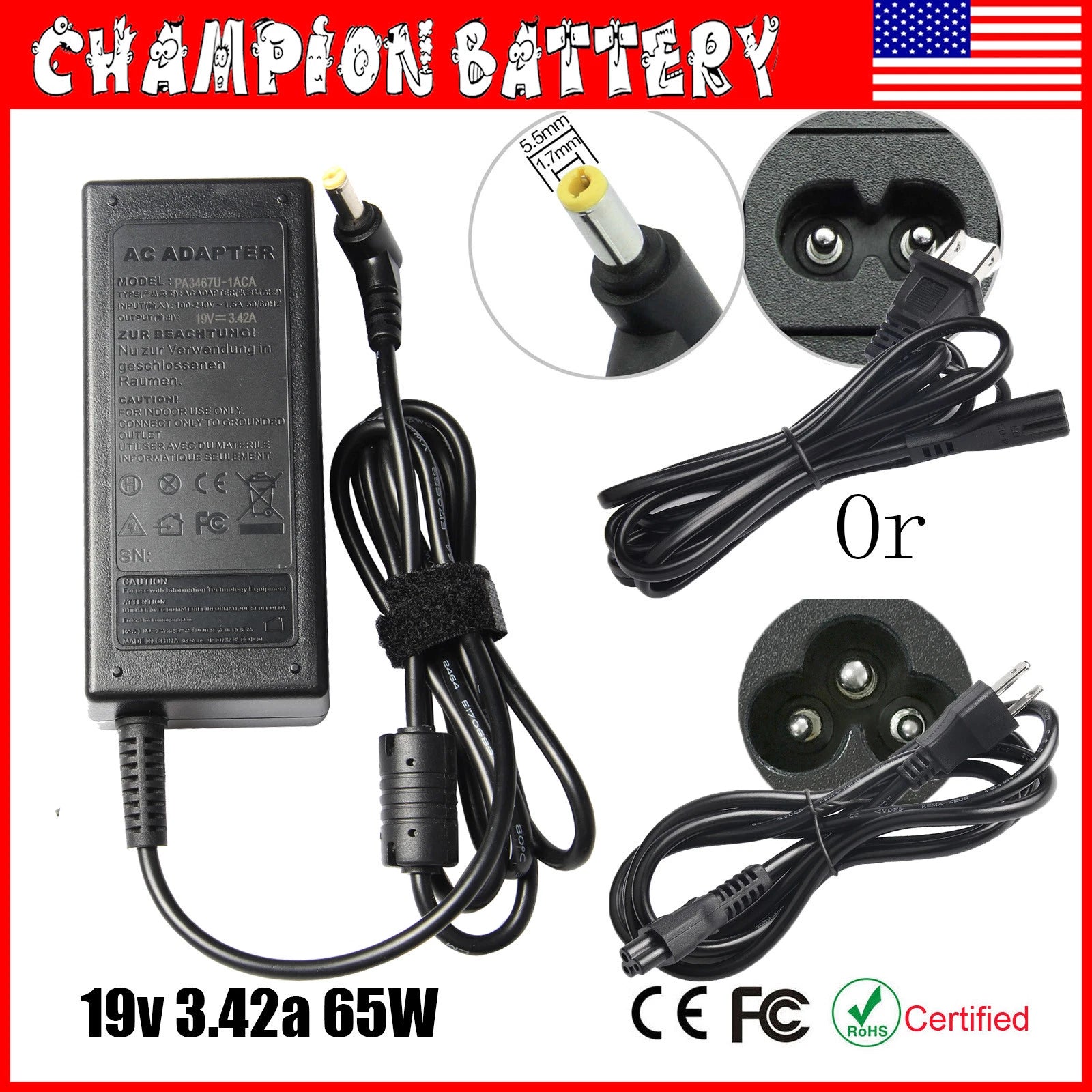 19V 3.42A 65W AC Power Supply Adapter Charger For Acer Aspire Laptop 5.5*1.7mm