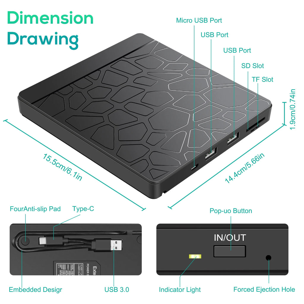 External Slim USB 3.0 CD DVD-/+RW Drive Burner Writer Hard Disk Reader Player PC
