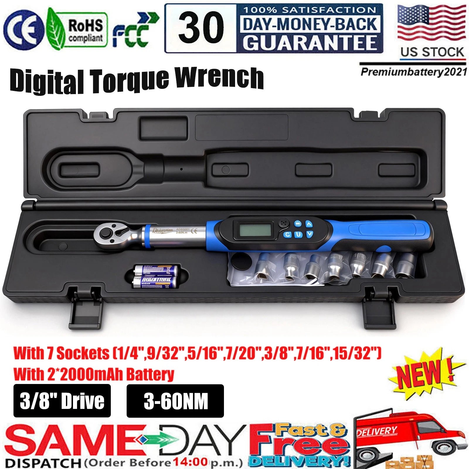 ?Digital Torque Wrench Adjustable Torque Wrench 3/8" Drive 3-60NM High Accuracy