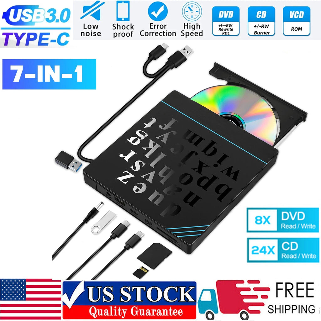 External CD DVD Drive for PC Laptop Windows 11 10 USB 3.0 Player Reader Writer