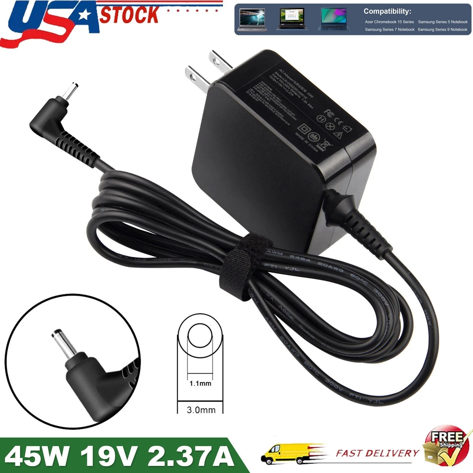 45W 19V 2.37A Laptop Charger Adapter For Samsung Series 5/7/9 Notebook XE700T1A
