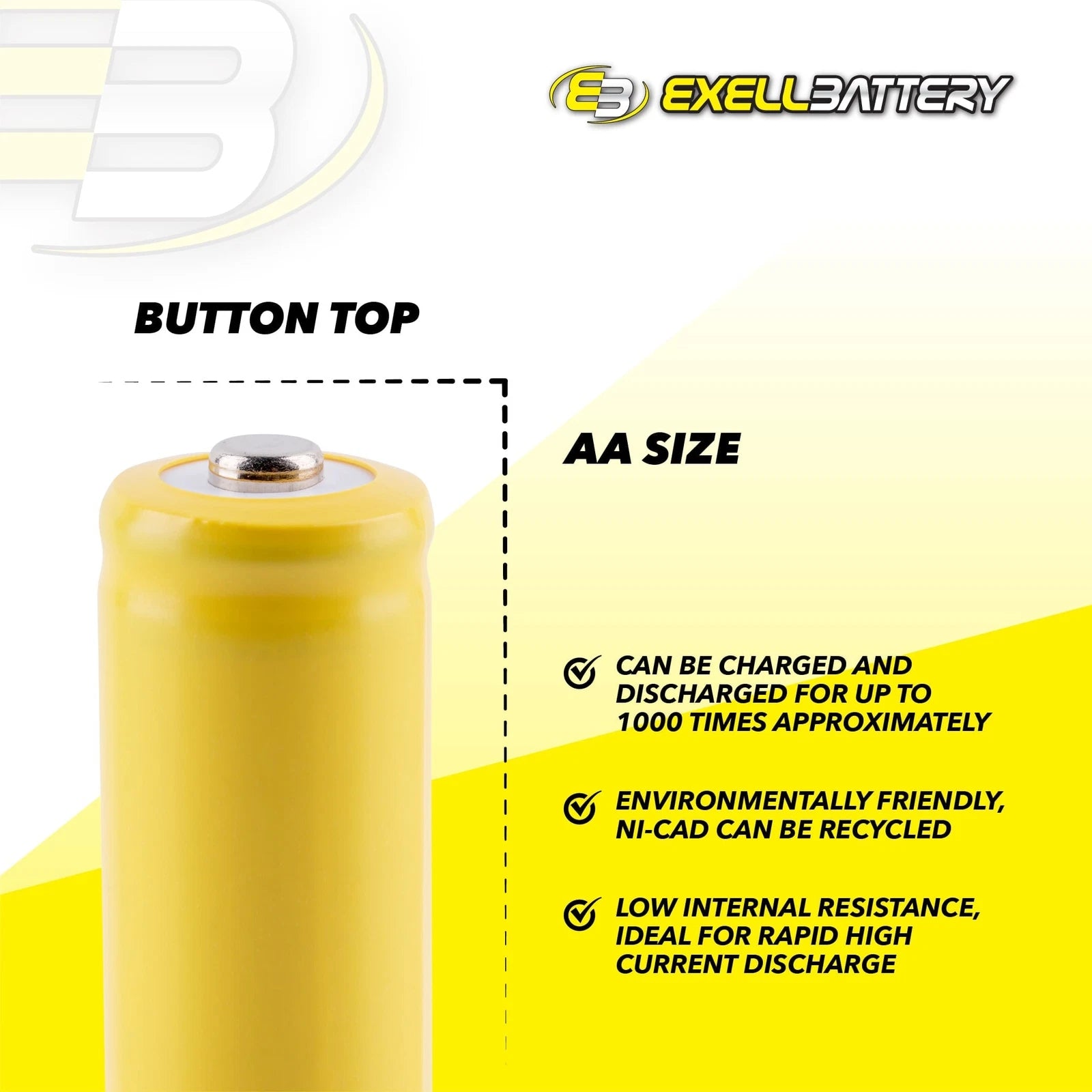 AA 1.2V 1000mAh Button Top Rechargeable Battery for LED Lights, Hobby, Alarms