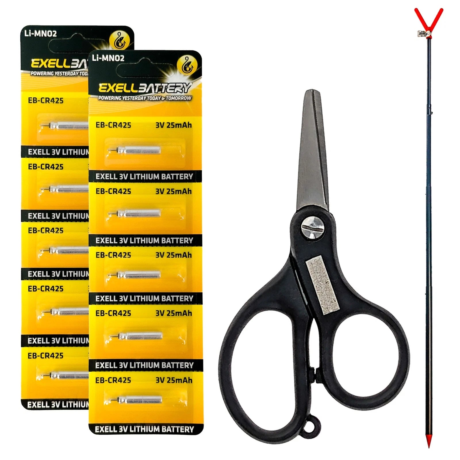 Fisherman Kit: 10pc CR425 Lure Batteries, Fish Line Scissors and Rod Holder