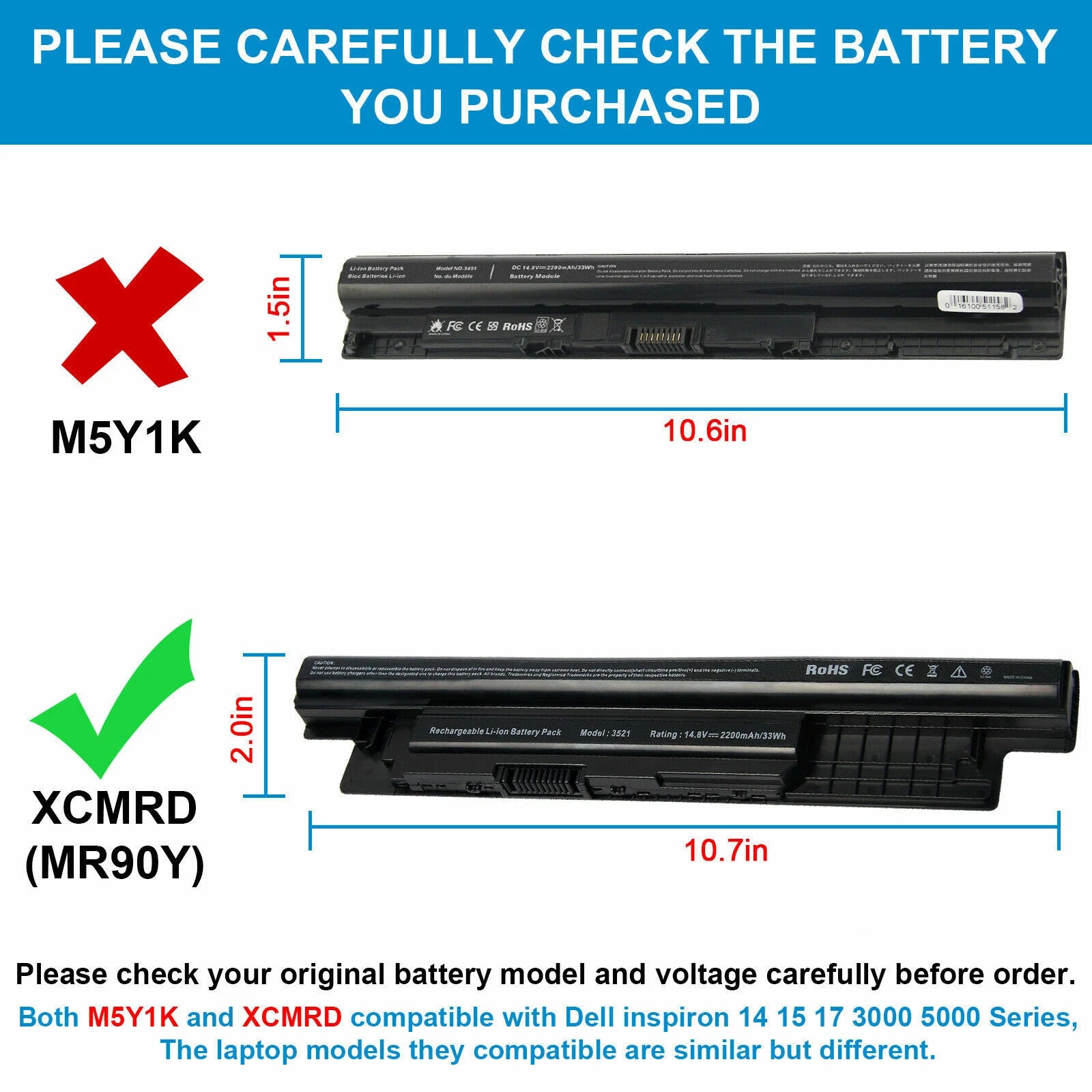 65Wh Battery For Dell Inspiron 3421 15-3521 5421 5521 3721 5721 XCMRD MR90Y