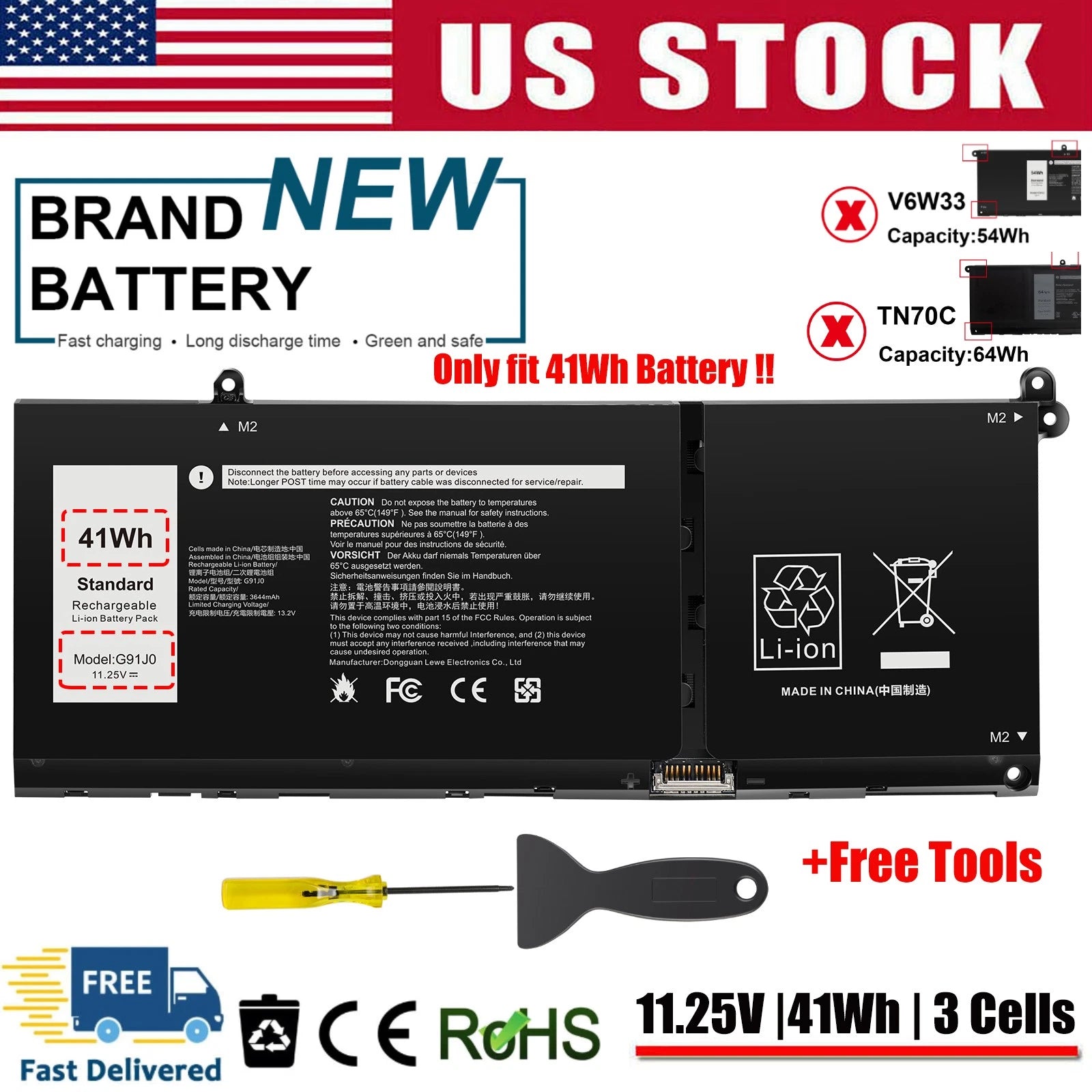 G91J0 Battery for Dell Inspiron 14 5410 2-in-1,7415 7420 7425 7430 2-in-1 41Wh
