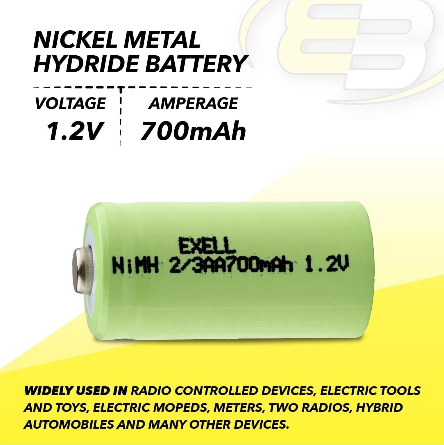 2x Exell 2/3AA NiMH 700mAh 1.2V Button top Rechargeable Battery