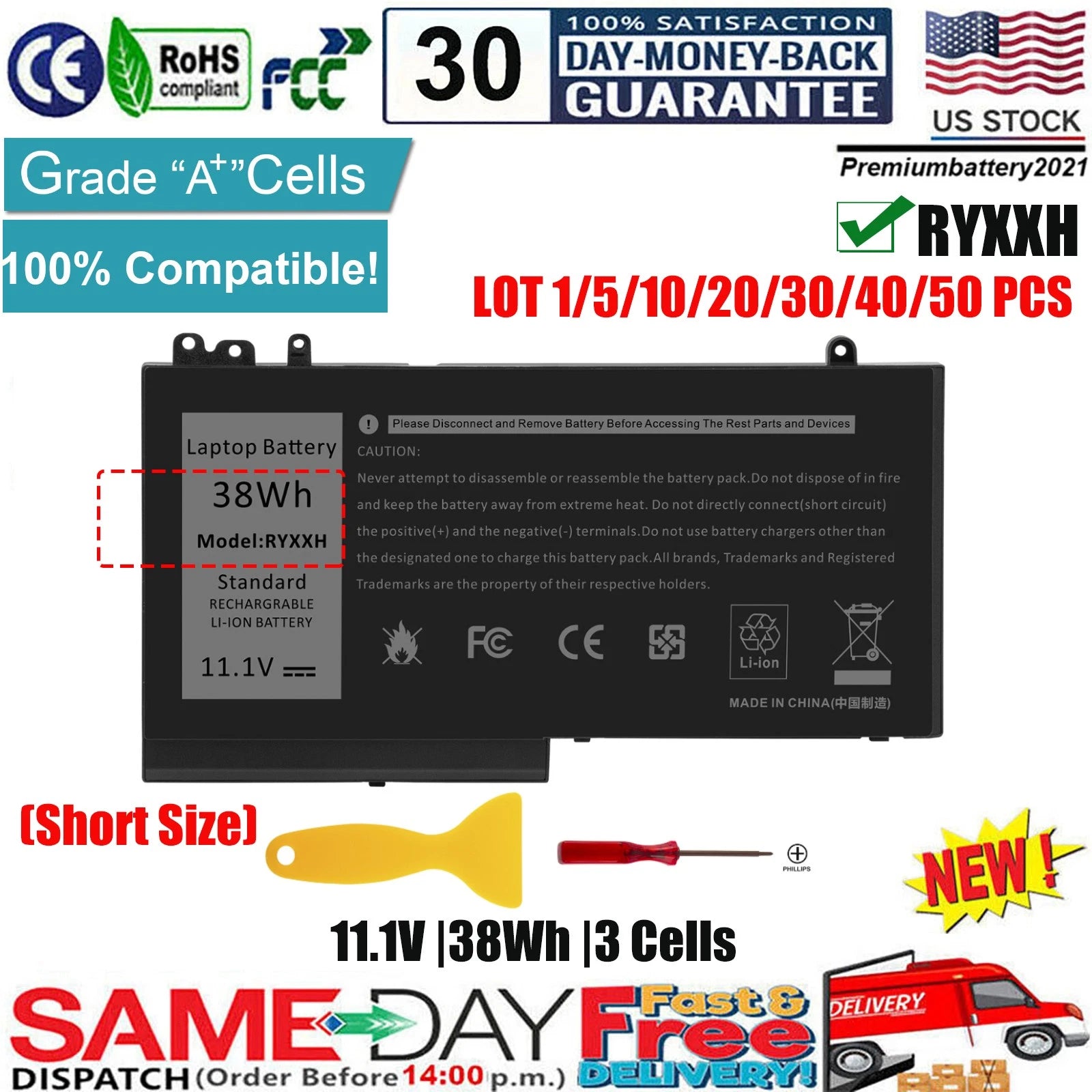 ?LOT 1-50 RYXXH Battery For Dell Latitude E5250 E5450 E5550 3150 3160 P25S 38Wh
