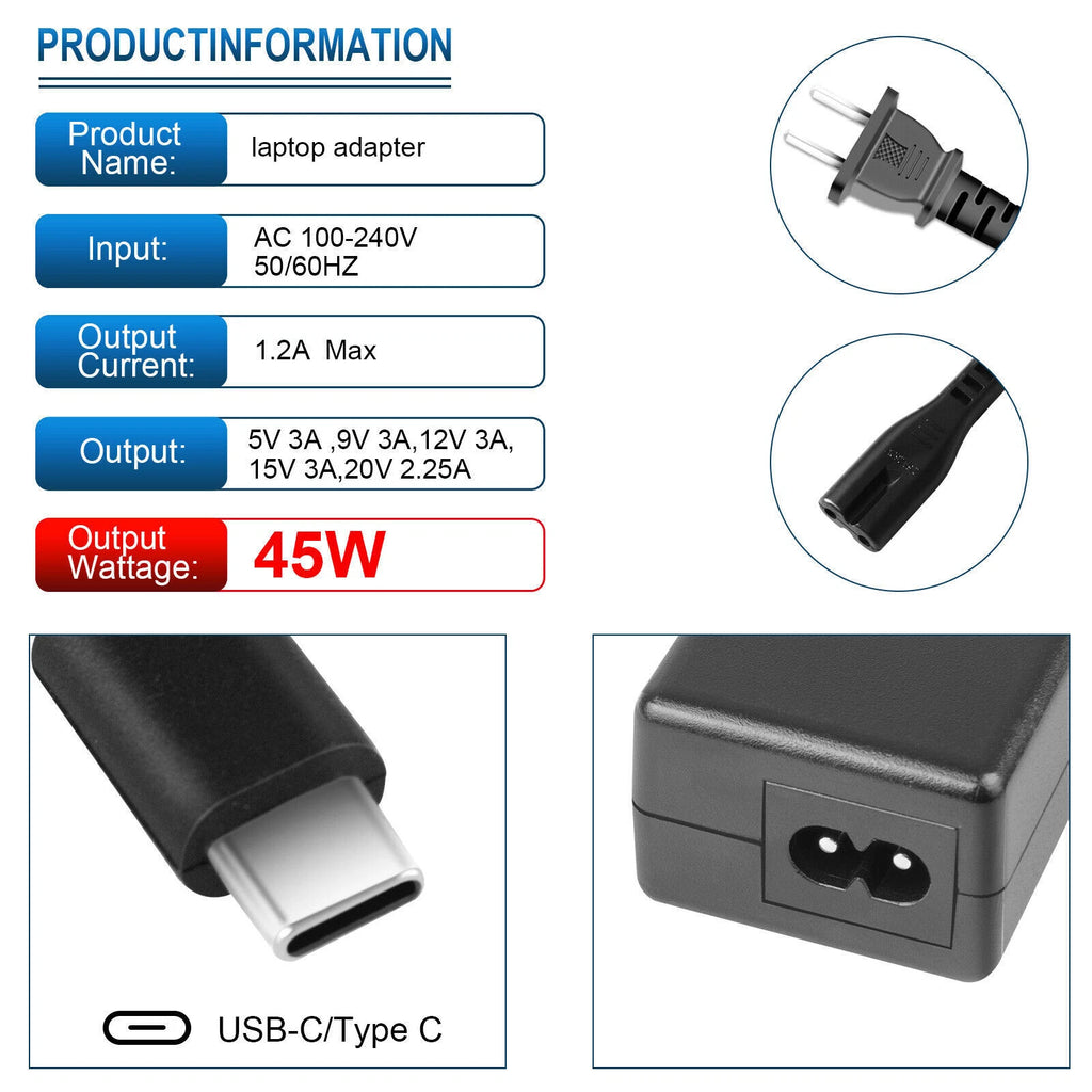 45W Type C USB C Laptop Adapter Charger For HP Chromebook Lenovo ThinkPad Yoga*