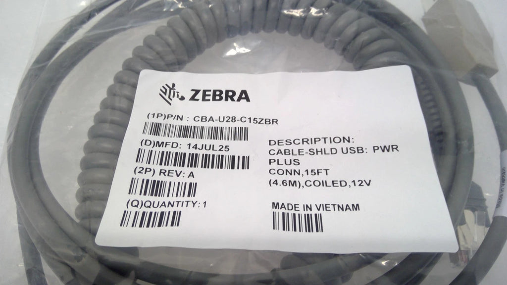NEW Zebra CBA-U28-C15ZBR Powered USB 12V TO RJ45 15FT(4.6M) COILED CABLE