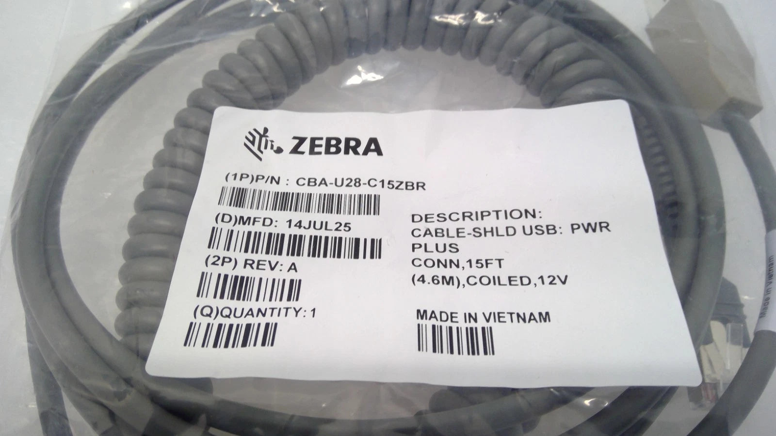 NEW Zebra CBA-U28-C15ZBR Powered USB 12V TO RJ45 15FT(4.6M) COILED CABLE