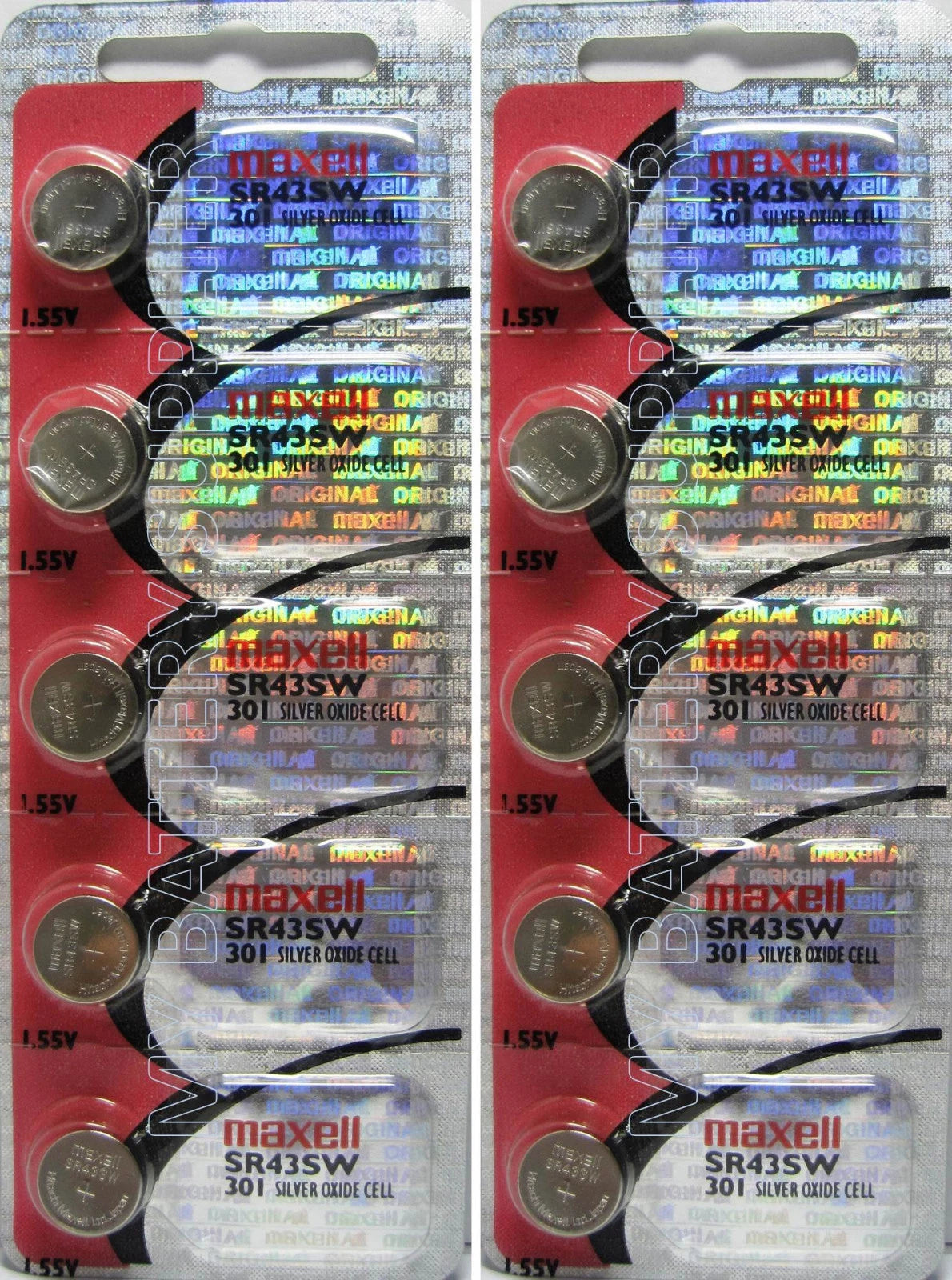 Maxell 301 (SR43SW) Silver Oxide Batteries 1.55 Volt x 10