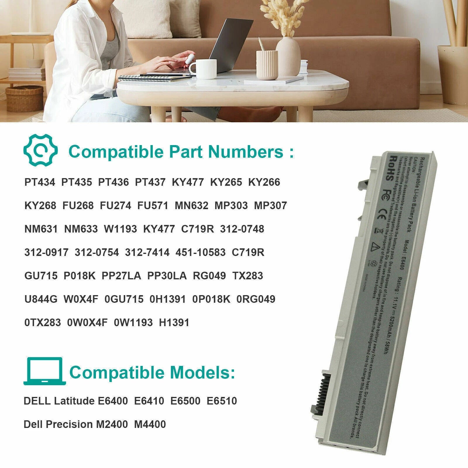 Laptop Battery For Dell Latitude E6400 E6410 E6500 E6510 PT434 W1193 4M529 11.1V