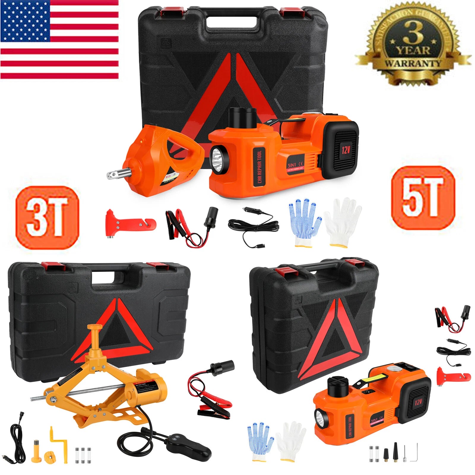 Electric Hydraulic Car Floor Jack 3T/5 Ton w/ Impact Wrench &Tire Inflator Pump